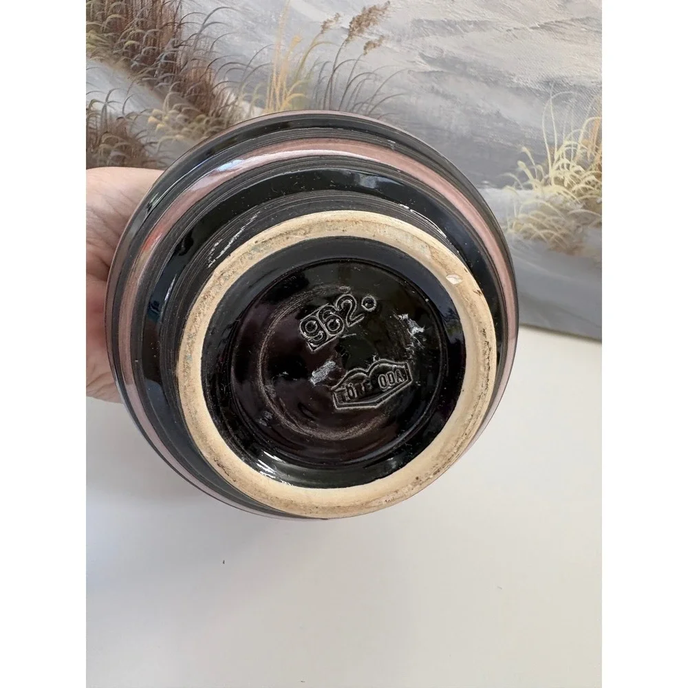 Strehla Keramik West German Pottery Vase 962 Black Pink Striped MCM 8.25